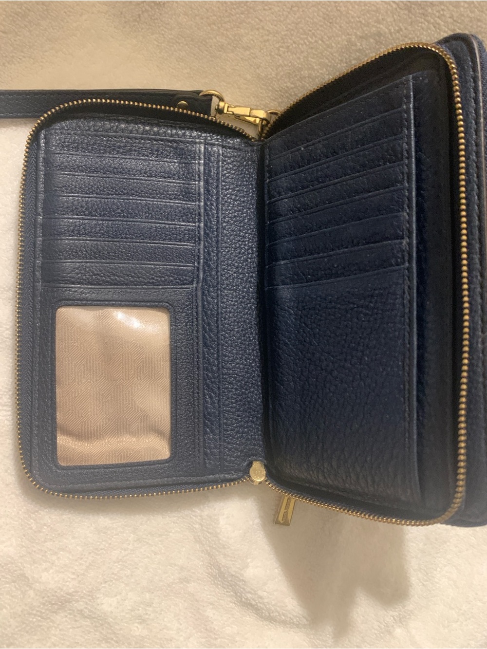 Michael Kors Double Zip Navy Pebbled Leather Wallet with Gold Logo Plate